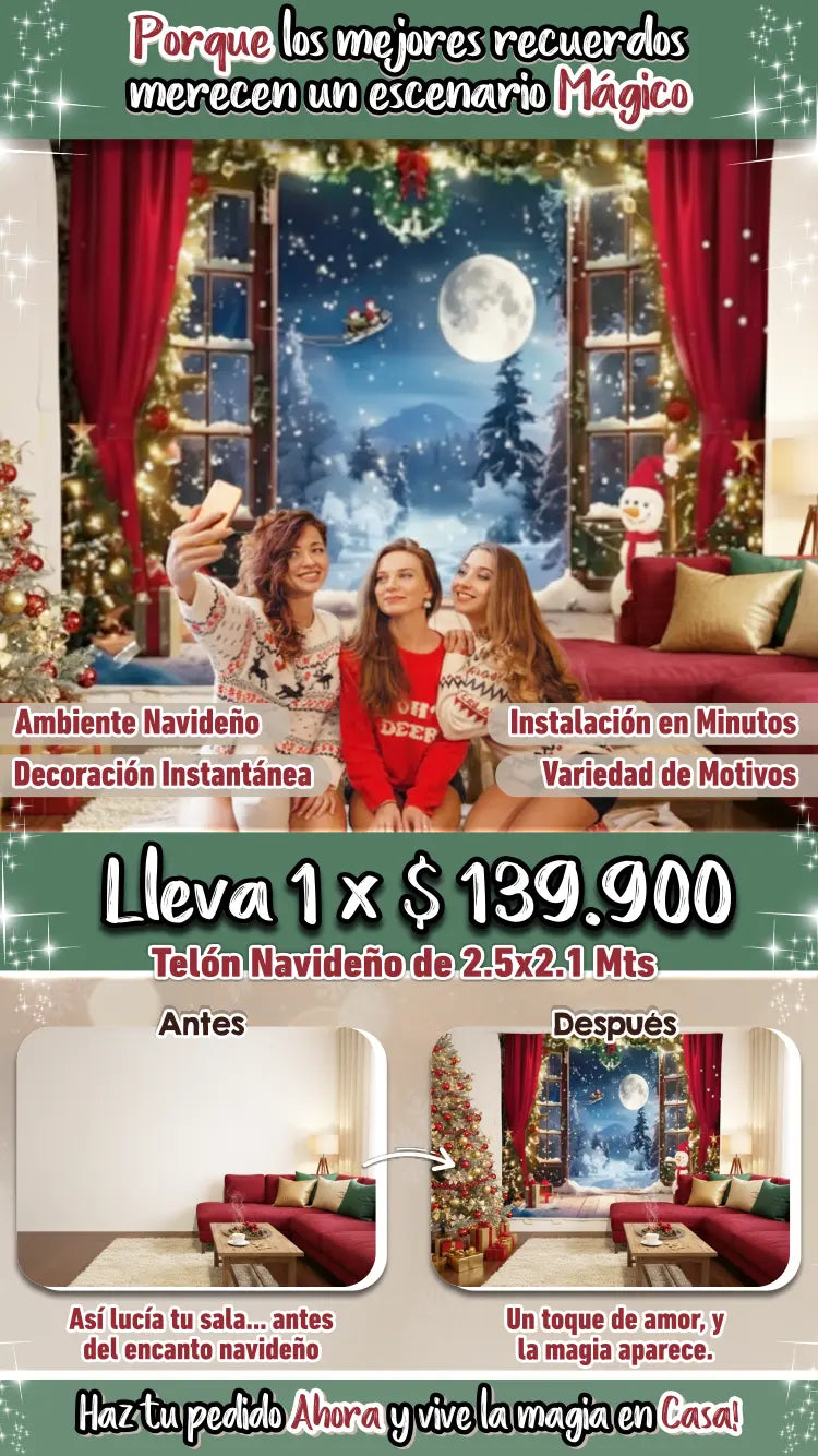 un cuarto navideno, con un telon navideno, familia disfrutando juntos, precios, antes de los adornos y despues de los adornos.